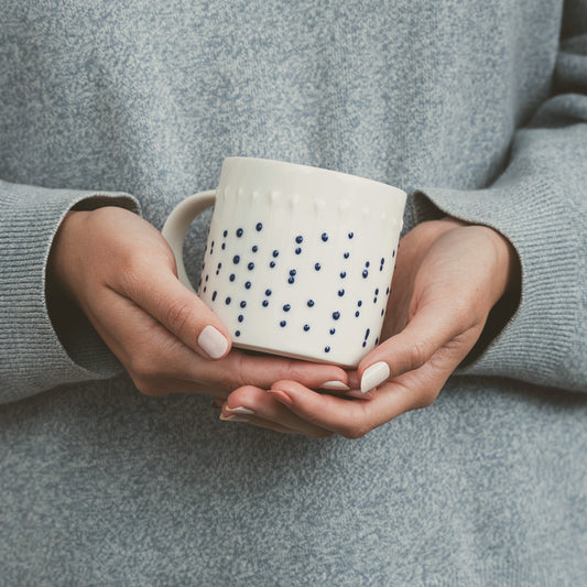 Handmade porcelain coffee mug with blue slip-trailed dot decoration held in both hands
