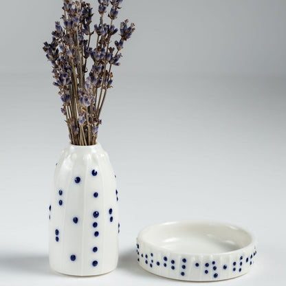 Handmade porcelain mini vase and ring dish gift set with dried Irish lavender and blue  doty slip-trailed decoration.