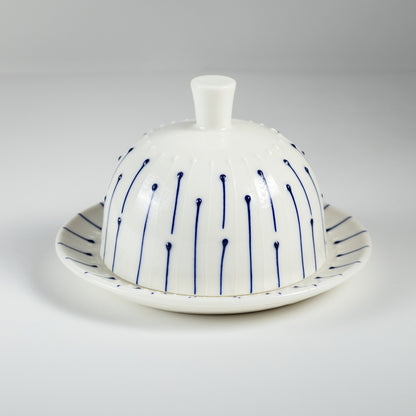 Handmade porcelain butter dish with lid and blue slip-trailed line decoration